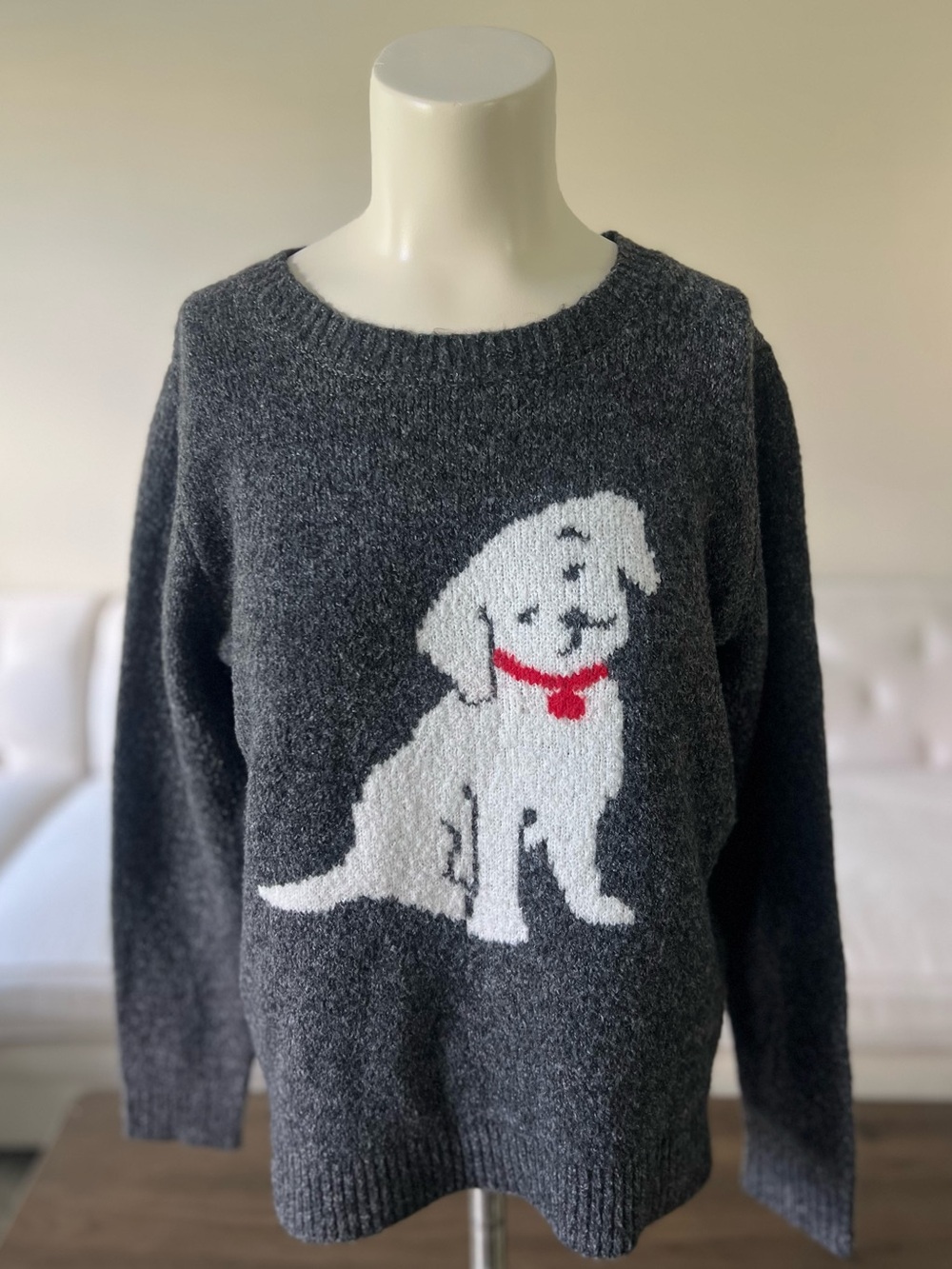 cupcakes & cashmere Dark Gray Crewneck Sweater with White Dog Motif